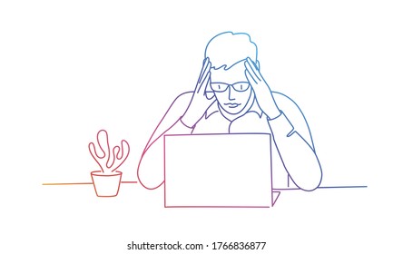 Man with glasses holds his head and looks at a computer. Rainbow colours in linear vector illustration.