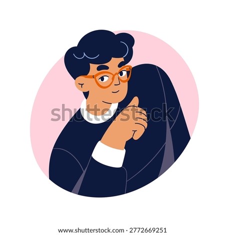 Man in glasses, inviting to listen pose, conspirational sly look, emotion, portrait. Male in spectacles avatar, user profile with cunning smile. Flat vector illustration isolated on white background