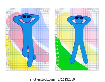 man with glasses lies on a colored towel, takes a sun bath. Summer vacation at sea. Ink drawing on a checkered sheet of paper. Isolated vector on white background