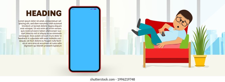 Ein Mann mit Brille liegt auf einem roten Sofa. Vektorbanner