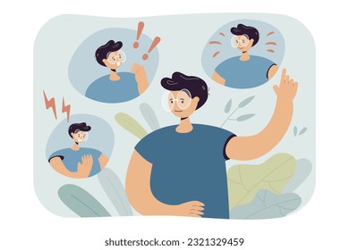 Man in glasses managing emotions vector illustration. Happy, angry and shocked team leader laughing and arguing, controlling emotions and finding balance. Emotional intelligence, success concept
