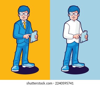 Man with glasses mascot holding and using tablet or smartphone vector illustration