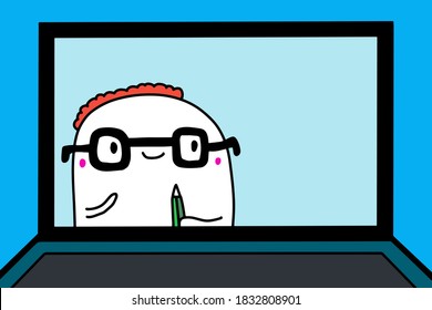 Man in glasses online course webinar hand drawn vector illustration in cartoon comic style kawaii face