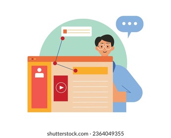 A man in glasses is organizing a website design for a blog, landing page concept and video. Character design. Vector flat illustration