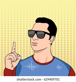 Man with glasses pointing finger retro style pop art. It is idea