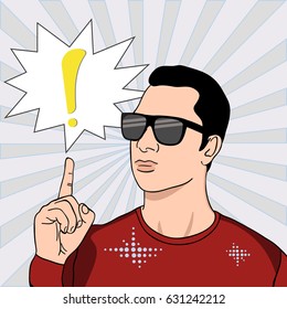 Man with glasses pointing finger retro style pop art. It is idea. Vector illustration