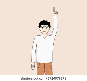 Ein Mann mit einer Brille zeigt mit dem Finger nach oben. Er lächelt und ist glücklich