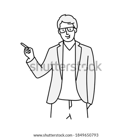 Man in glasses pointing to the side. Hand drawn vector illustration. 