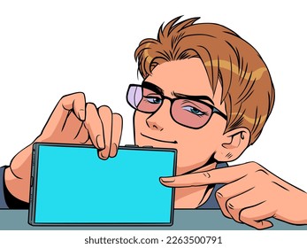 A man with glasses points to the screen of a smartphone. Proposal of a new function, product, service. To promote your offers. Pop Art Retro Vector Illustration Kitsch Vintage 50s 60s Style
