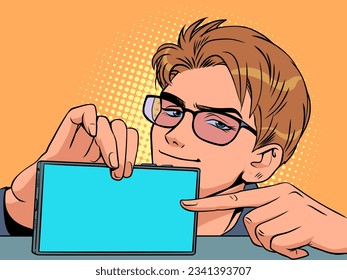 A man with glasses points to the screen of a smartphone. Proposal of a new function, product, service. To promote your offers. Pop Art Retro Vector Illustration Kitsch Vintage 50s 60s Style