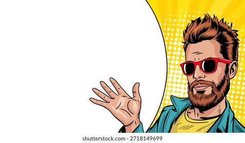Um homem de óculos aponta para algo perto de uma faixa de pop art vazia