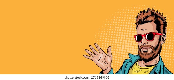 A man in glasses points at something  pop art 