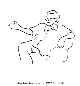man with glasses presenting with hand pointing illustration vector hand drawn isolated on white background line art.