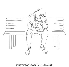 Man in glasses put his hand on head, looking at phone and having watch and ring on left hand. Sitting on bench. Man got puzzled at information on phone screen. 
Single line art drawing.