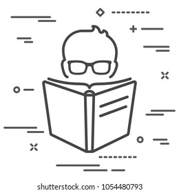 Man with glasses reading a big linear book icon over white background