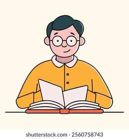 A man with glasses is reading a book cartoon illustration