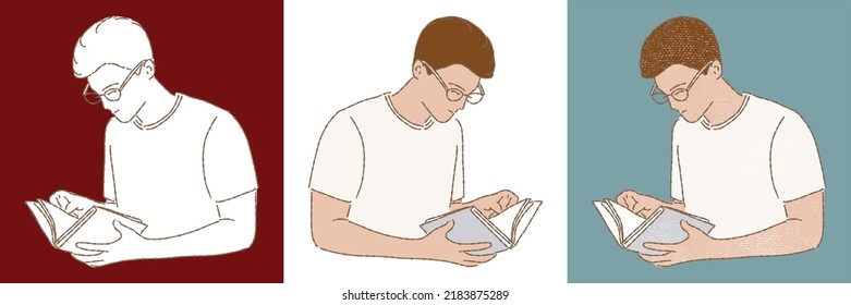 Man with glasses reading a book. Guy  studying. Young man focusing on a textbook. Read more book concept. Set of different styles hand drawn flat vector illustration isolated on colored background.