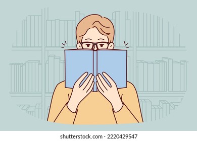 Man in glasses reading book in library. Happy guy in eyewear enjoy literature in bookshop. Education and learning. Vector illustration. 