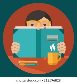 Man in glasses reading book on desk with coffee cup pen and pencil flat vector illustration