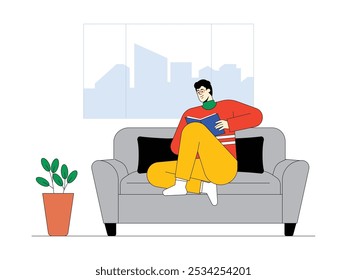 Man with glasses reading book quietly inside house and sitting on comfortable sofa, vector illustration of modern urban life.
