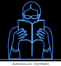 Man with glasses reading a book, study, knowledge symbol icon neon glow vector illustration concept