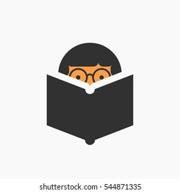 Man With Glasses Reading A Book, Vector Icon Illustration, Study, Knowledge Symbol, Bibliophile