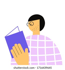 hombre en lentes lee libro ilustración vectorial