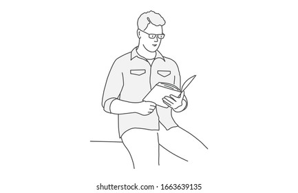 Man with glasses reads. Hand drawn vector illustration.