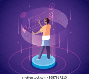 hombre con gafas de realidad aumentada e iconos diseño de ilustración vectorial