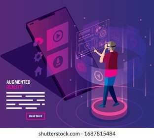 man with glasses of reality augmented and smartphone vector illustration design