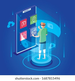 man with glasses of reality augmented and smartphone vector illustration design