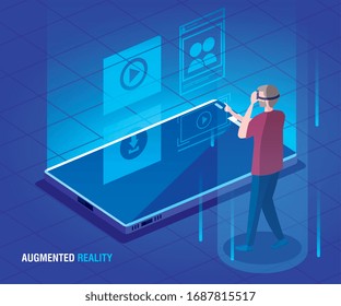 man with glasses of reality augmented and smartphone vector illustration design