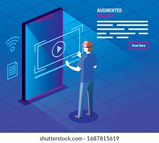 man with glasses of reality augmented and smartphone vector illustration design