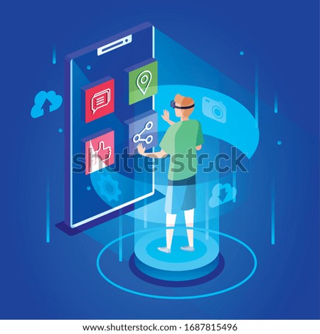 man with glasses of reality augmented and smartphone vector illustration design