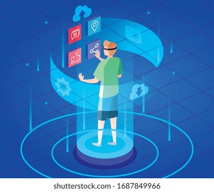 man with glasses of reality augmented and social media icons vector illustration design