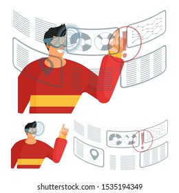 Man in glasses and a red sweater interacts with a data on futuristic transparent interactive screen. A set of isolated elements on a white background. Flat cartoon vector Illustration - Powered by Shutterstock - Get 15% off with code: PIKWIZARD15