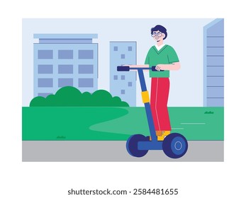 Man with glasses riding electric scooter, modern transportation. Design character. Vector flat illustration