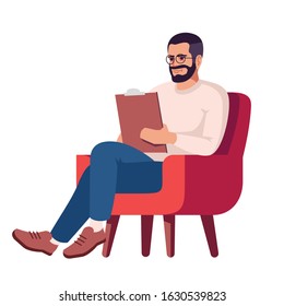 Man in glasses semi flat RGB color vector illustration. Guy with clipboard in armchair. Person taking notes. Interviewer. Psychology consultation. Isolated cartoon character on white background