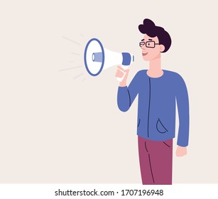 Man with glasses shouting in loud speaker. Attracting people to the event.