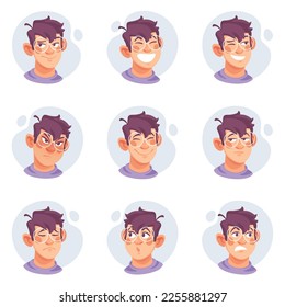 Man in Glasses Showing Different Emotion Vector Set