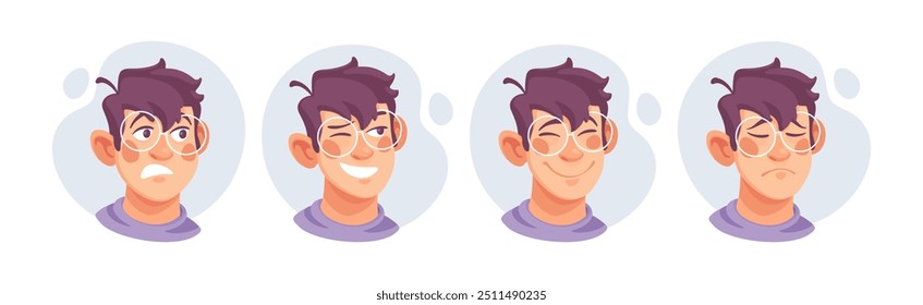 Man in Glasses Showing Different Emotion Vector Set