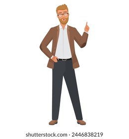 Man in glasses shows index finger, confident teacher or leader giving advice vector illustration