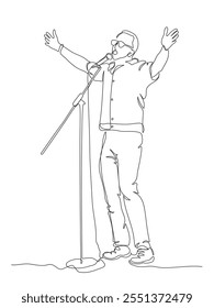 Man in glasses singing with microphone at public outdoor concert. Continuous line drawing. Black and white vector illustration in line art style.