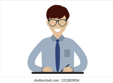 A man in glasses is sitting for a graphic tablet with a stylus. This vector will be suitable for a wide range of tasks, for numerous sites on technology and design for books and more.