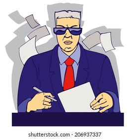 Man with glasses. Man sitting in the office behind a desk with a sheet of paper and a