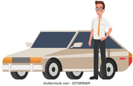 Man in glasses standing near old car. Male character in suit with tie driving automobile. Business man next to his personal transport. Old gray car, vehicle and person isolated on white background