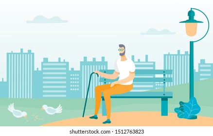 Man in Glasses with Stick Sitting on Bench in Park on Cityscape Background Flat Cartoon Vector Illustration. Character wirh Doves or Pigeons Eating Seeds or Сrumbs. Building near Nature.