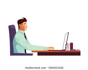 Man in glasses studying or working on his laptop flat vector illustration