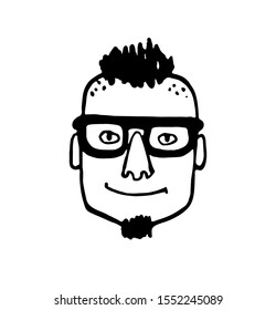 Man with glasses and stylish haircut. Hipster style portrait. Doodle sketch. Hand drawn vector illustration of funny character.