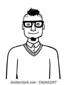 Man with glasses and stylish haircut. Hipster portrait. Doodle sketch. Hand drawn vector illustration of funny character.